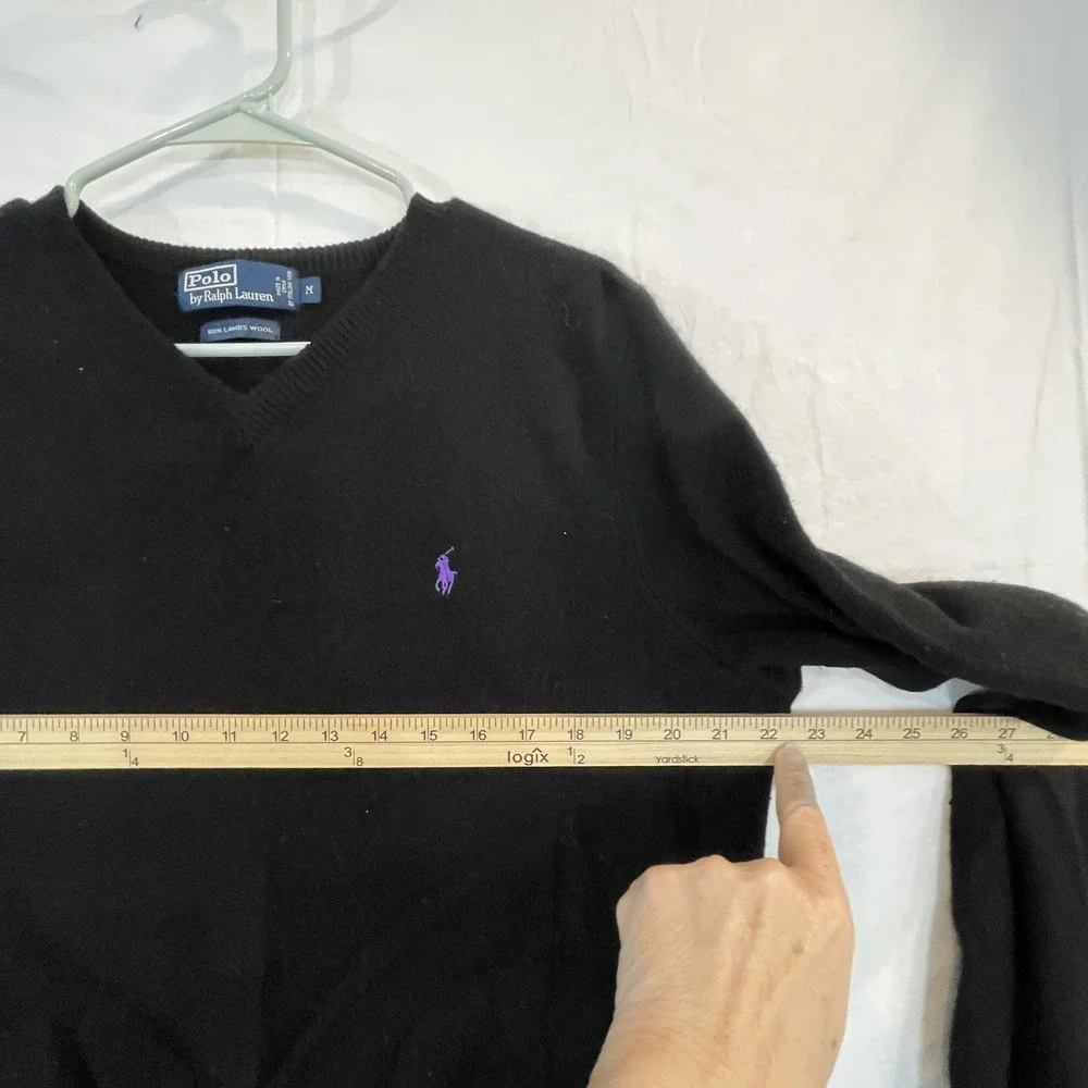 Polo Ralph Lauren Sweater‎ Mens Medium Black Lambswool V Neck Knit Pullover Pony
